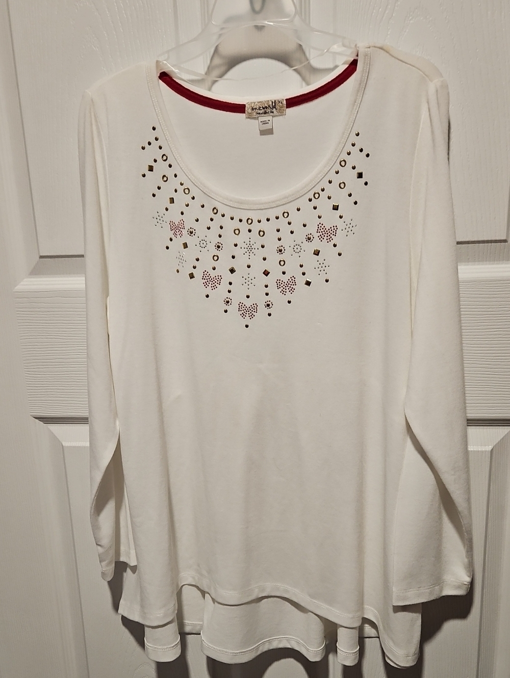 ONE WORLD White Long-Sleeve Scoop Neck Top with Red Trim & Stud Accents